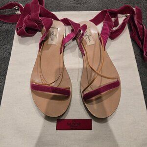 Valentino Garavani  lace-up leather-trimmed velvet sandals - magenta